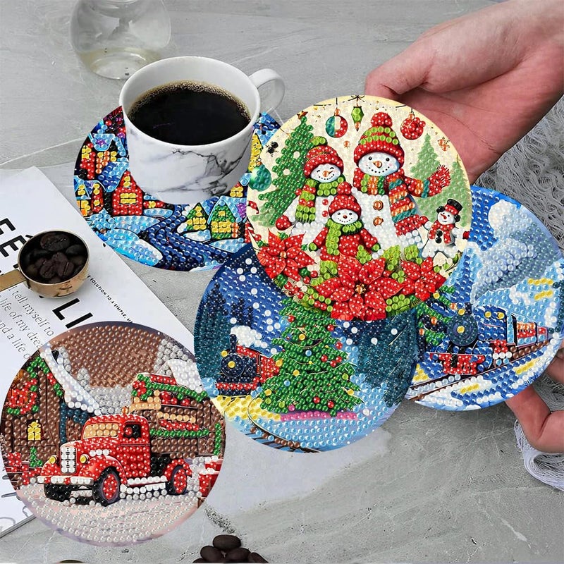 ijbnhd 8 PCS Christmas Diamond Art Coasters Kit, Diamond Painting Coasters with Holder, Non Slip Coaster Art Supplies for Adults, Christmas Gift 4X4inch (Cork Wooden Pad) - Image 4