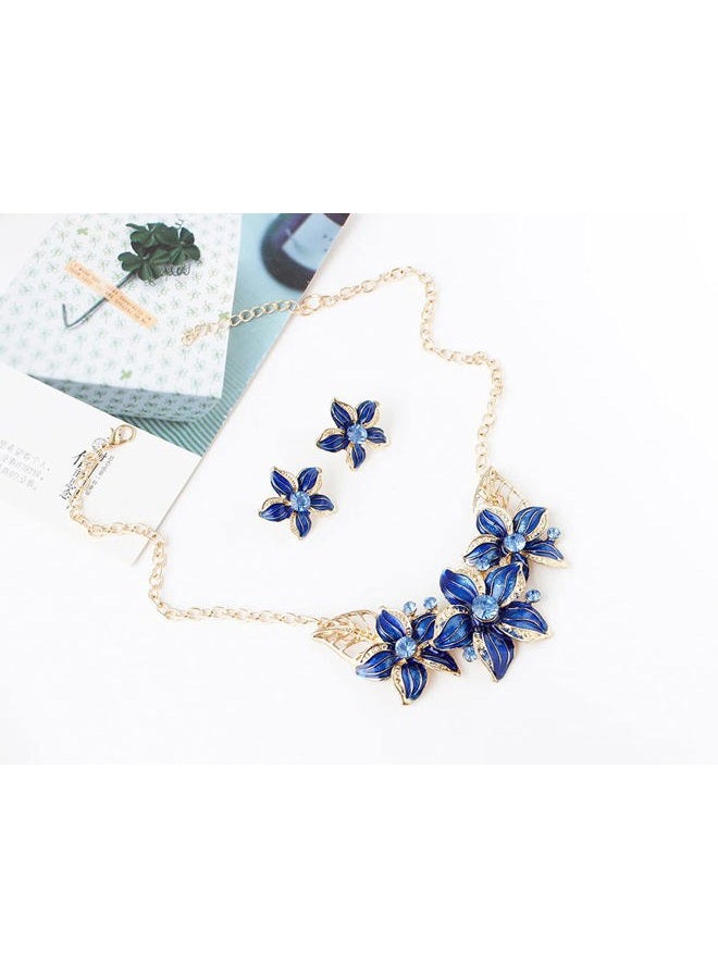 Zittop Fashion Women Crystal Flower Statement Gold Plated Necklace Earrings Jewelry Set (Blue) - Image 3