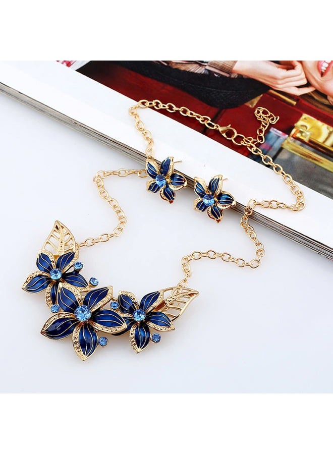 Zittop Fashion Women Crystal Flower Statement Gold Plated Necklace Earrings Jewelry Set (Blue) - Image 4