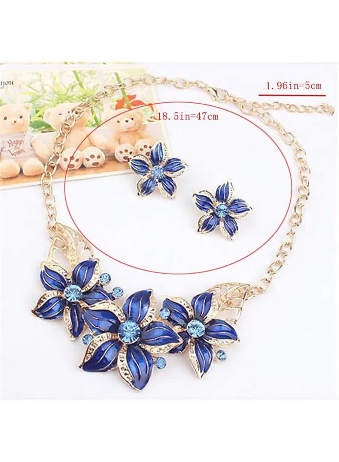 Zittop Fashion Women Crystal Flower Statement Gold Plated Necklace Earrings Jewelry Set (Blue) - Image 5
