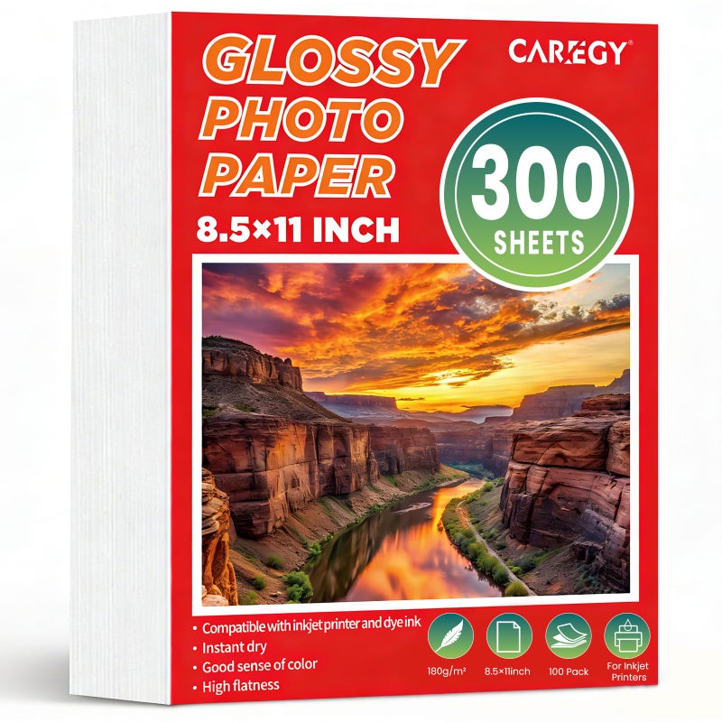 CAREGY 100 Sheets Glossy Photo Paper 8.5 x 11 Inches, Inkjet Photo Printer Paper,Compatible with Inkjet Printer Use Dye Ink,Professional Picture Paper(180gsm/48lb) - Image 1