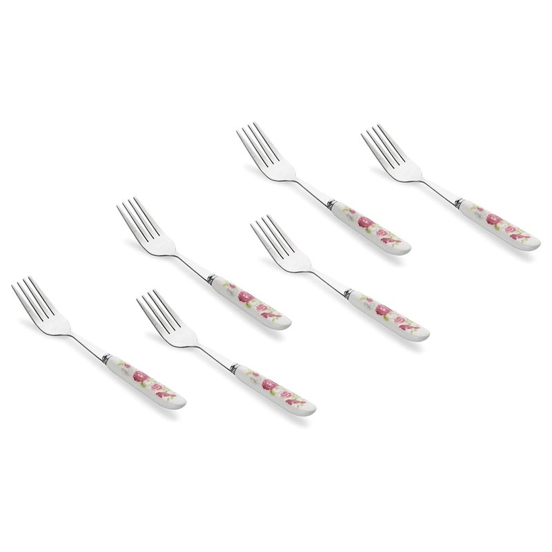 MGeezz Floral Stainless Steel Fork Set for Home Kitchen Restaurant Cutlery Dinner Table Bouillon Fork with Ceramic Handle Tableware Noodles Fork for Serving Salad Fruit Fork Big Fork Set of 6 - Image 1
