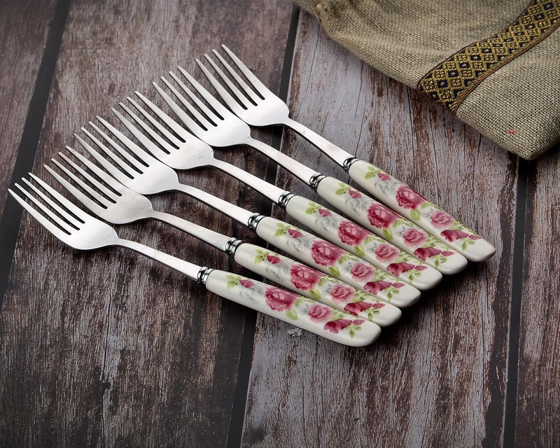 MGeezz Floral Stainless Steel Fork Set for Home Kitchen Restaurant Cutlery Dinner Table Bouillon Fork with Ceramic Handle Tableware Noodles Fork for Serving Salad Fruit Fork Big Fork Set of 6 - Image 4