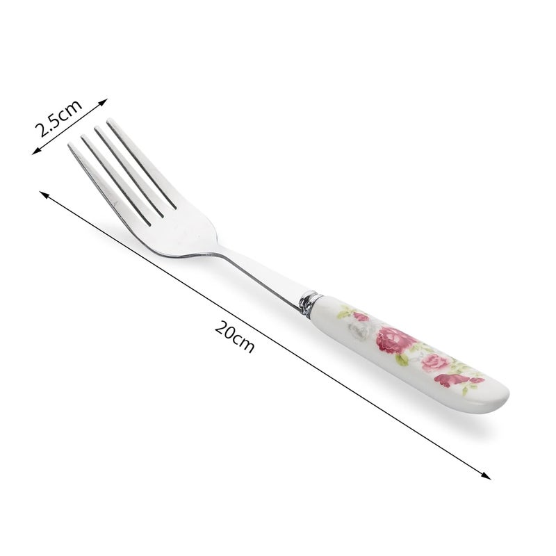 MGeezz Floral Stainless Steel Fork Set for Home Kitchen Restaurant Cutlery Dinner Table Bouillon Fork with Ceramic Handle Tableware Noodles Fork for Serving Salad Fruit Fork Big Fork Set of 6 - Image 2