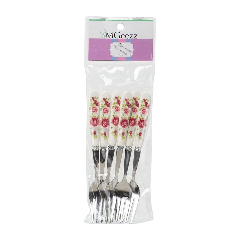 MGeezz Floral Stainless Steel Fork Set for Home Kitchen Restaurant Cutlery Dinner Table Bouillon Fork with Ceramic Handle Tableware Noodles Fork for Serving Salad Fruit Fork Big Fork Set of 6 - Image 5