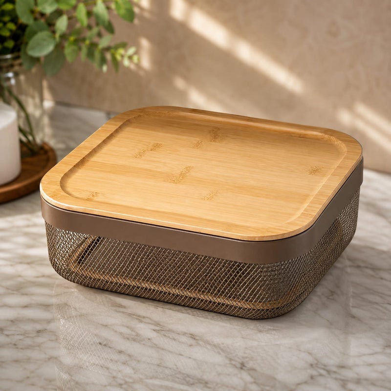 Square metal organizer with wooden lid