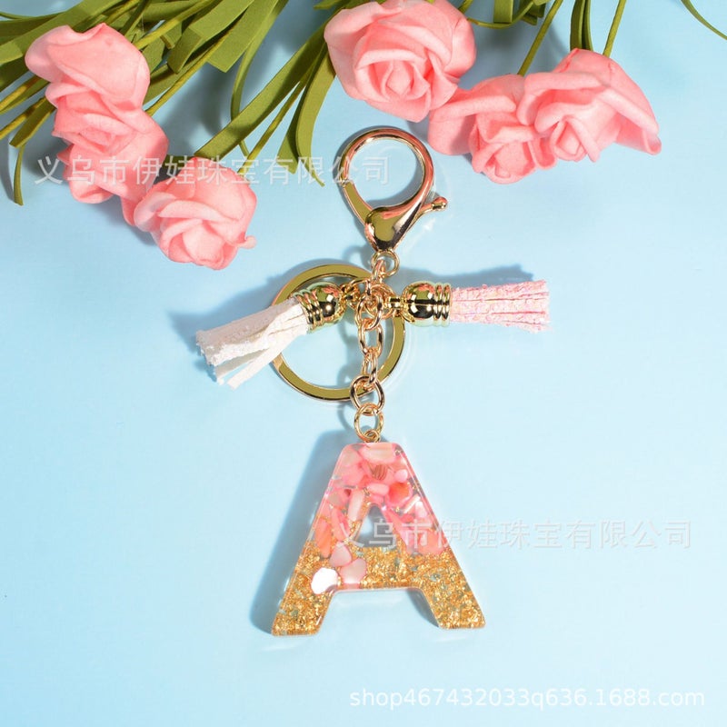 New pink tassel English letter keychain Crystal epoxy stone pendant women's bag Car pendant gift - Image 1