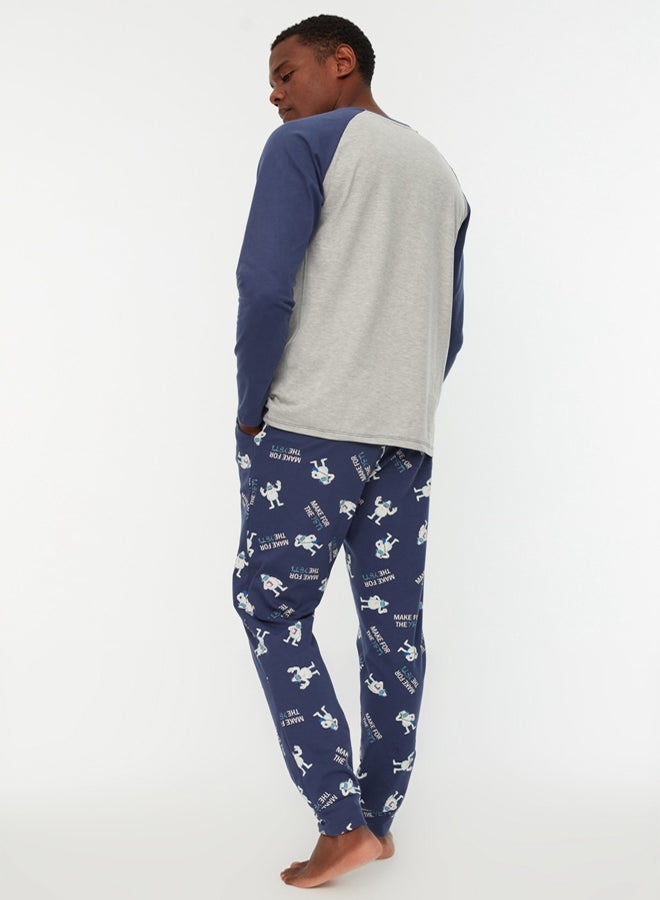 trendyol Navy Blue-Grey 100% Cotton Regular Fit Crew Neck Pajamas Set - Image 5