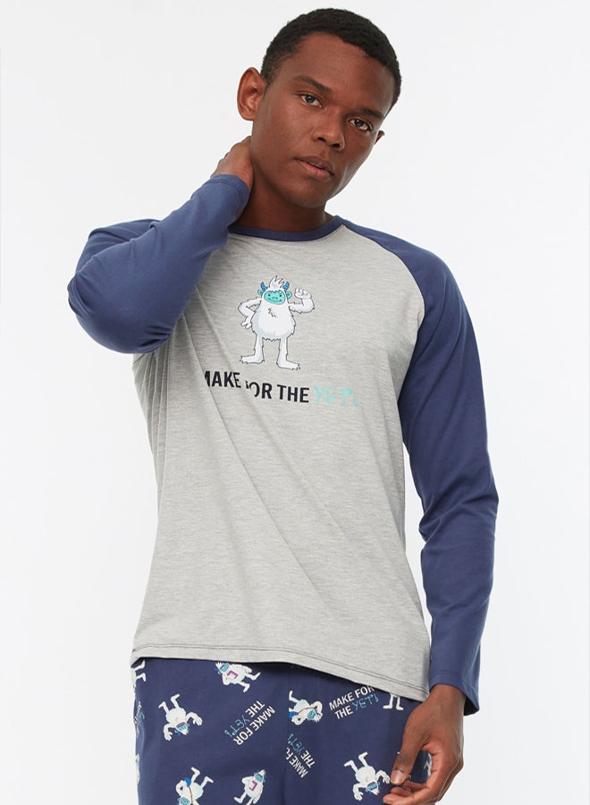 trendyol Navy Blue-Grey 100% Cotton Regular Fit Crew Neck Pajamas Set - Image 1