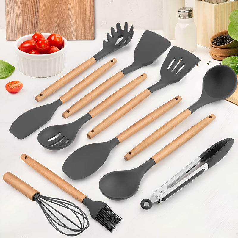 Silicone Kitchen Utensil Set - 12-Piece Non-Stick Heat-Resistant Tools with Holder, Including Spatulas, Tongs, Whisk, Ladle, Brush, and Slotted Spoon for Modern Cooking - Image 2