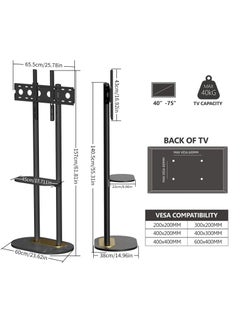 WISFOR Black Floor TV Stand: 40-75 Inch TV Mount Stand Universal Height Adjustable TV Stand with 2 Storage Shelves for Led Oled Qled Screens Max VESA 600×400mm Holds up to 40 KG  - Image 2