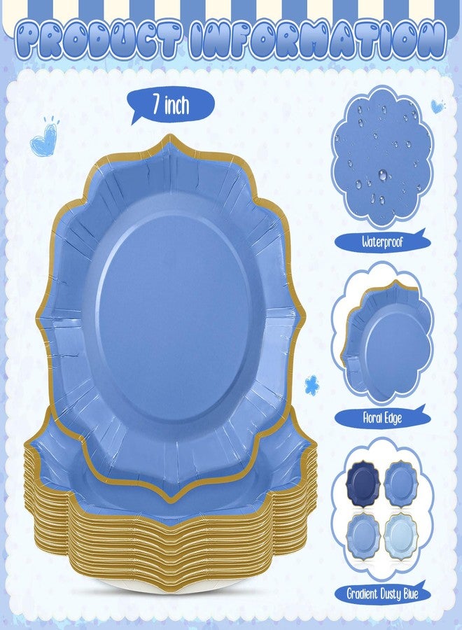 Potchen 48 Pcs Dusty Blue Dessert Plates 7 Inch Gradient Color Scalloped Disposable Party Paper Plates for Summer Wedding Birthday Baby Shower Party Supplies, 4 Colors - Image 3