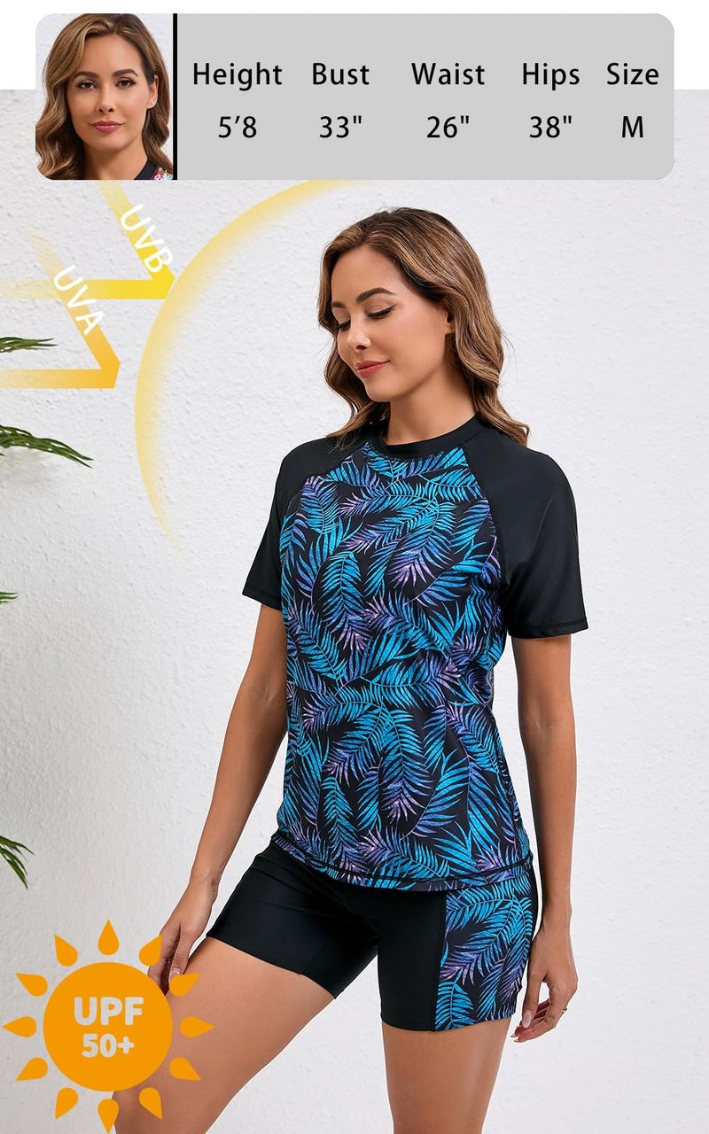 Halcurt Women's Two Piece Rash Guard Short Sleeve UPF 50+ Built in Bra Bathing Suit Black S - Image 2