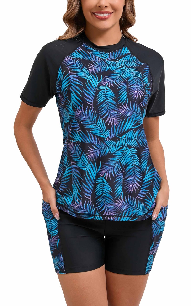 Halcurt Women's Two Piece Rash Guard Short Sleeve UPF 50+ Built in Bra Bathing Suit Black S - Image 1