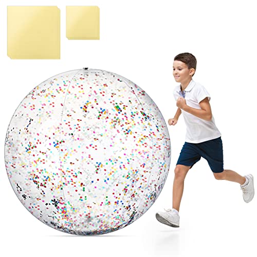 Hanaive 60 Inch Giant Beach Ball Large Inflatable Ball Glitter Beach Ball Jumbo Swimming Pool Ball Clear Confetti Balls with 8 TPU Repair Tape for Kids and Adults Summer Beach Pool Party Favor, 5 Feet - Image 1
