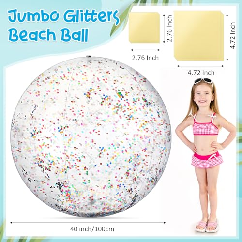 Hanaive 60 Inch Giant Beach Ball Large Inflatable Ball Glitter Beach Ball Jumbo Swimming Pool Ball Clear Confetti Balls with 8 TPU Repair Tape for Kids and Adults Summer Beach Pool Party Favor, 5 Feet - Image 2