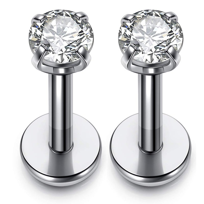 PiercingJ 2-4pcs 16g 316L Stainless Steel 3mm Cubic Zirconia Labret Monroe Lip Ring/Tragus/Helix Earring,6-12mm Bar Length - Image 1