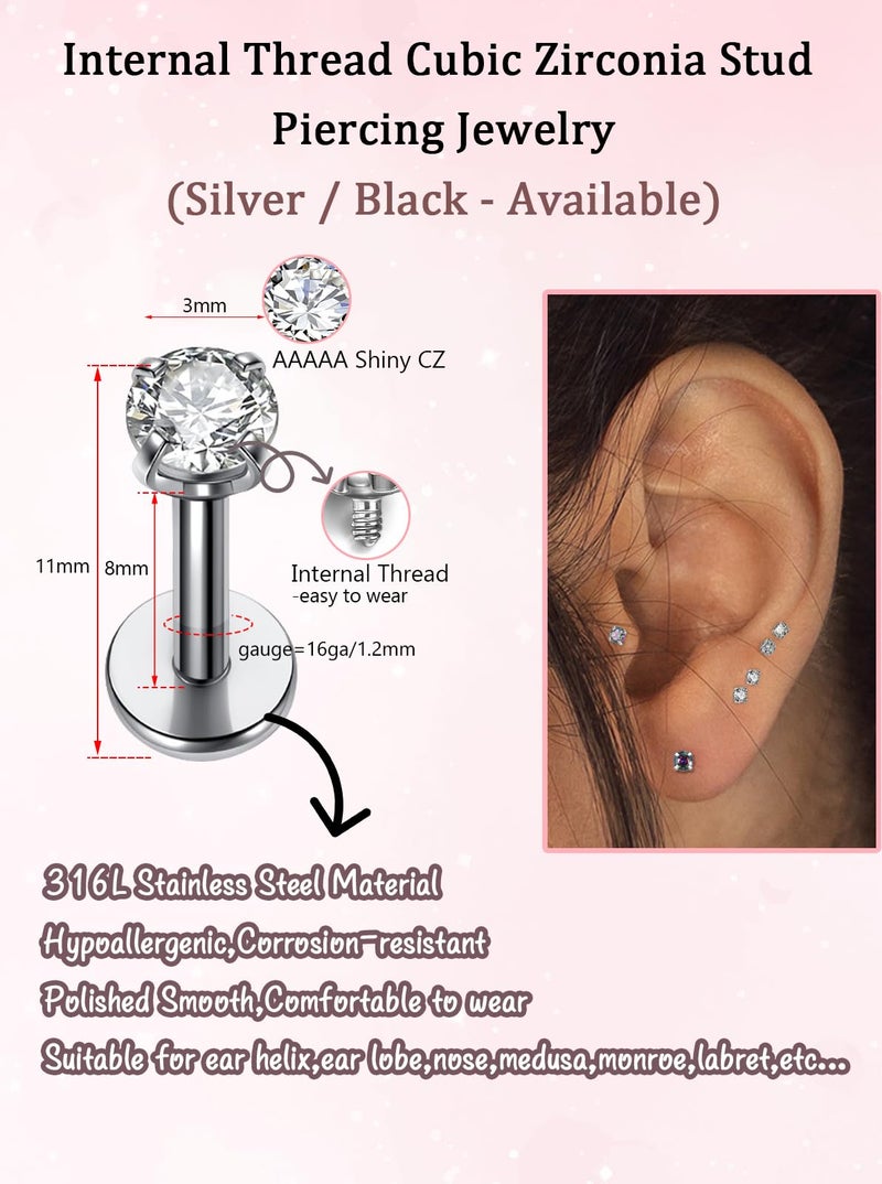 PiercingJ 2-4pcs 16g 316L Stainless Steel 3mm Cubic Zirconia Labret Monroe Lip Ring/Tragus/Helix Earring,6-12mm Bar Length - Image 4