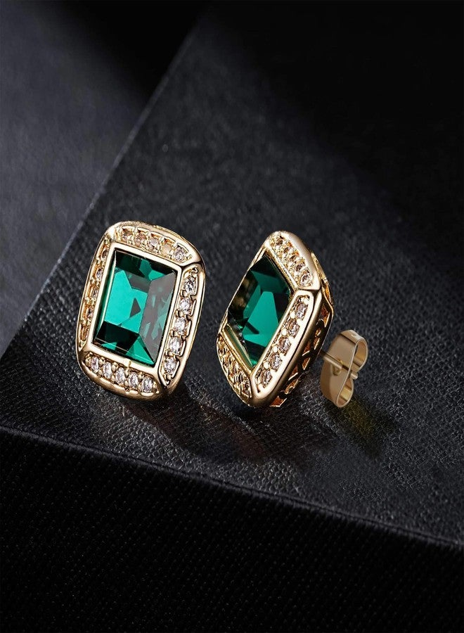 EVEVIC Austrian Crystal Square Stud Earrings for Women 14K Gold Plated Halo Birthstone Earring Jewelry Gifts (Emerald) - Image 5