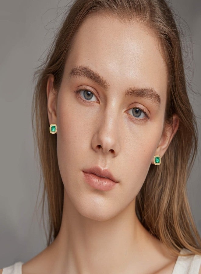 EVEVIC Austrian Crystal Square Stud Earrings for Women 14K Gold Plated Halo Birthstone Earring Jewelry Gifts (Emerald) - Image 2