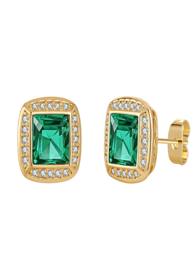 EVEVIC Austrian Crystal Square Stud Earrings for Women 14K Gold Plated Halo Birthstone Earring Jewelry Gifts (Emerald) - Image 1