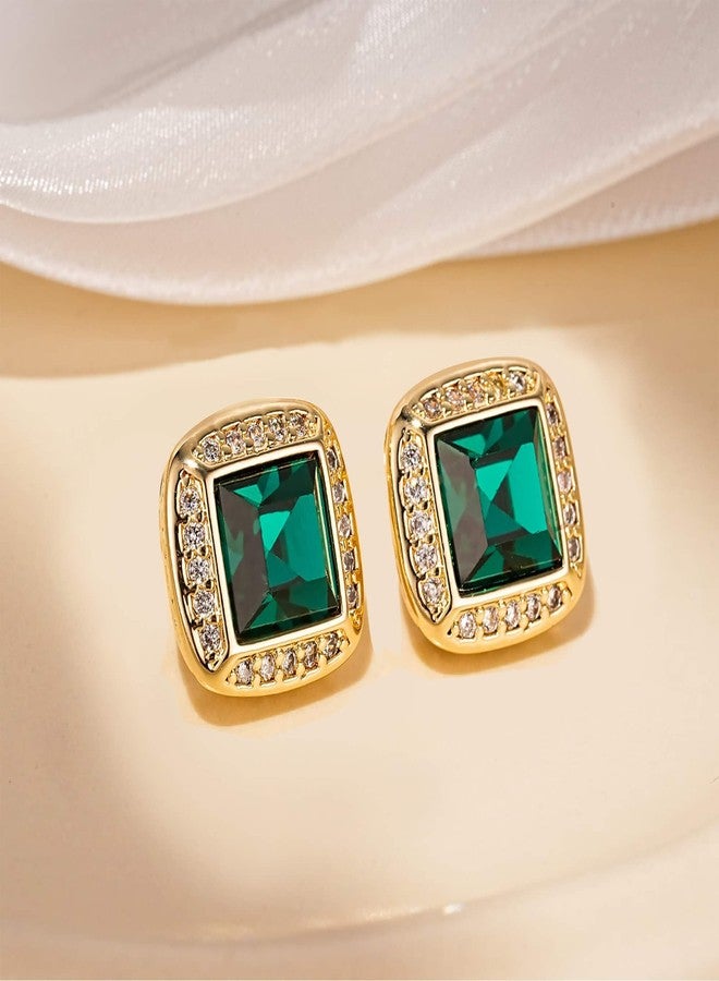 EVEVIC Austrian Crystal Square Stud Earrings for Women 14K Gold Plated Halo Birthstone Earring Jewelry Gifts (Emerald) - Image 3
