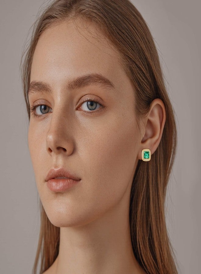 EVEVIC Austrian Crystal Square Stud Earrings for Women 14K Gold Plated Halo Birthstone Earring Jewelry Gifts (Emerald) - Image 4