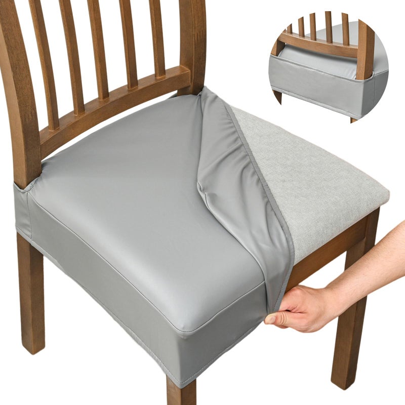 NILUOH Waterproof Seat Covers for Dining Room Chairs Set of 4, Pu Leather Chair Seat Slipcovers Dining Chair Cover Removable Washable Chair Protctor Cover, No Rear Covers (PU-Gray) - Image 1