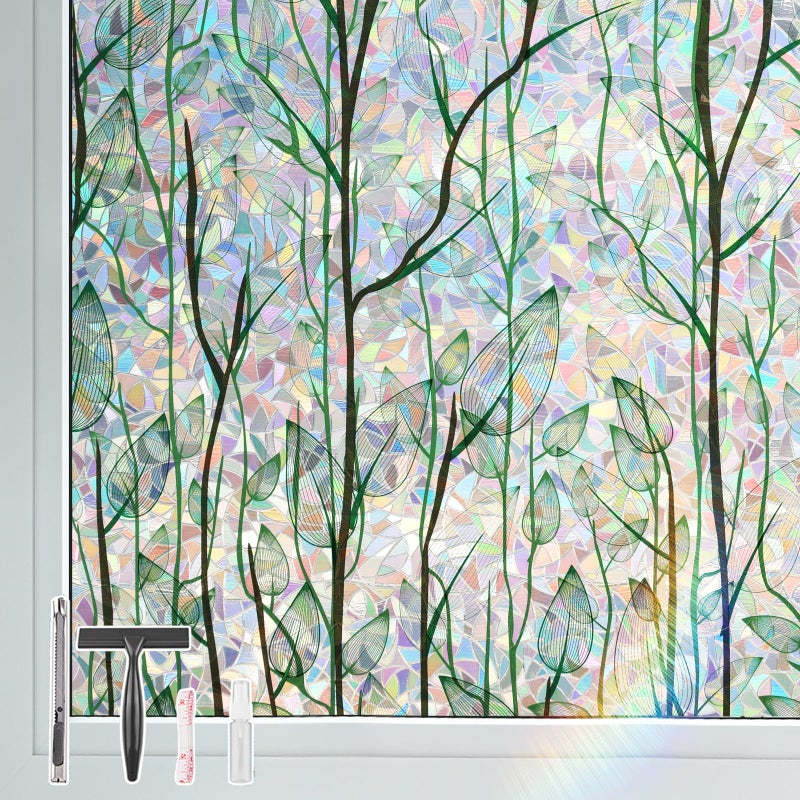 LEMON CLOUD Privacy Window Film 3D Stained Glass Window with Installation Tools,No Glue Static Cling Window Sticker,Decorative for Glass Door,Bathroom,Office and Home (Grove Rainbow,17.5 x 78.7 Inch) - Image 1