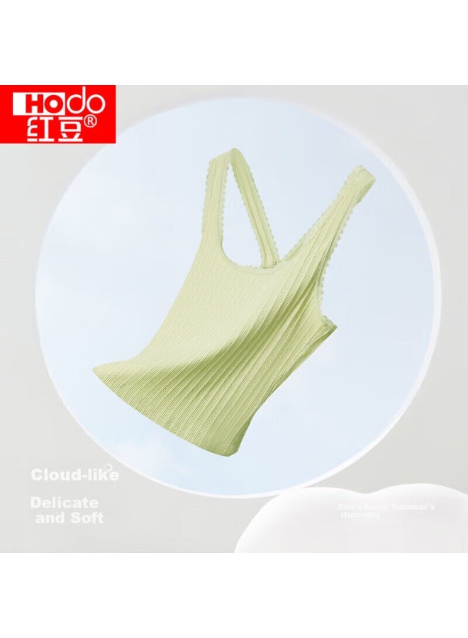 Hongdou Women's Vertical Stripe Lace U-neck Sleeveless Soft Cotton Crop Top Slim Fit Inner Wear Matcha Green 160 - Image 2