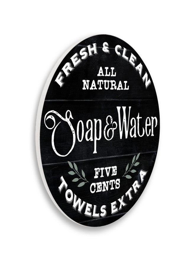 Stupell Industries Fresh & Clean Bathroom Sign Vintage Soap and Water Circular Wall Plaque, 12" Diameter, Black - Image 1