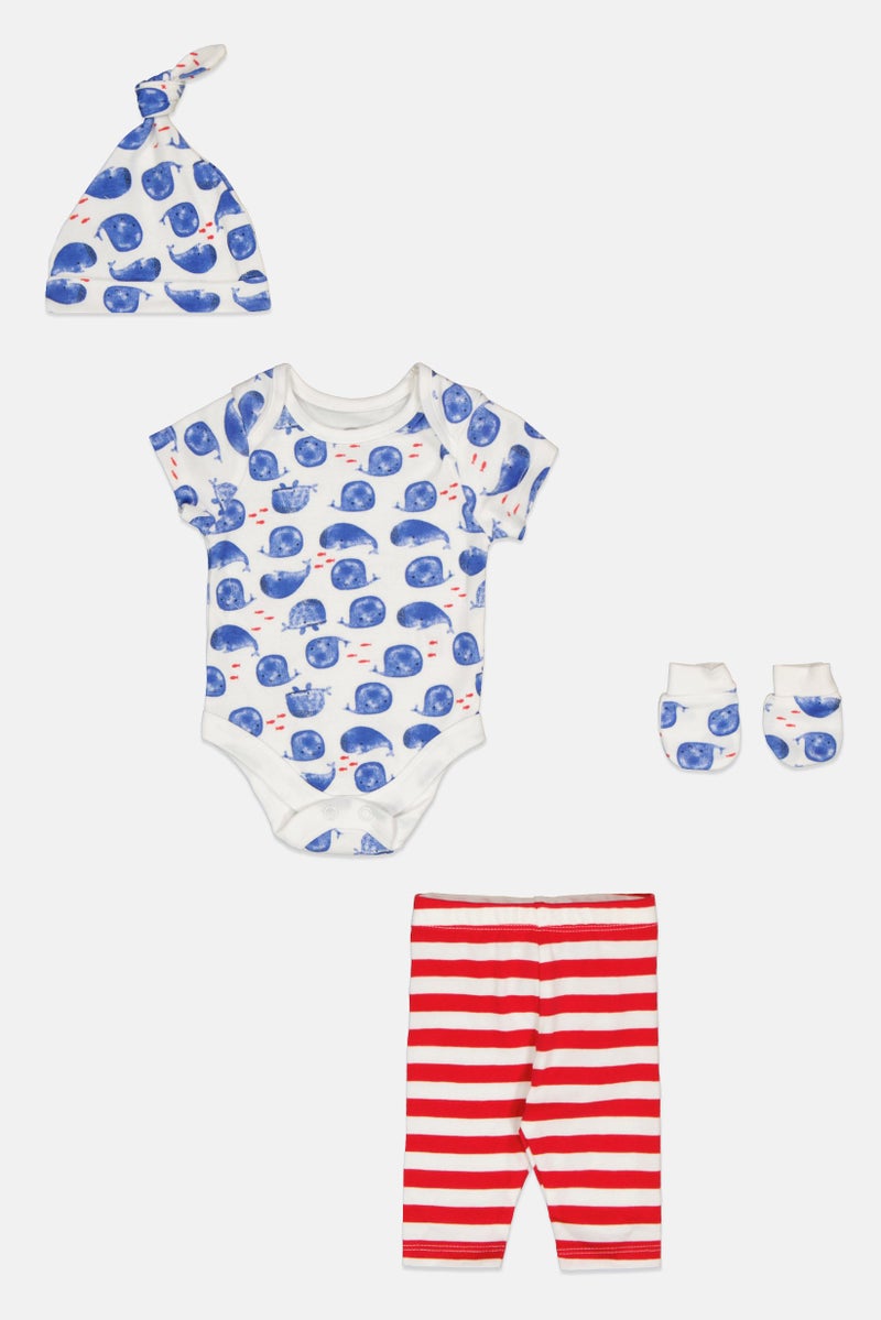 mothercare Toddlers Girl 4 Pieces Allover Print Bodysuit Bottom Beanie And Gloves Set, Multicolor - Image 1