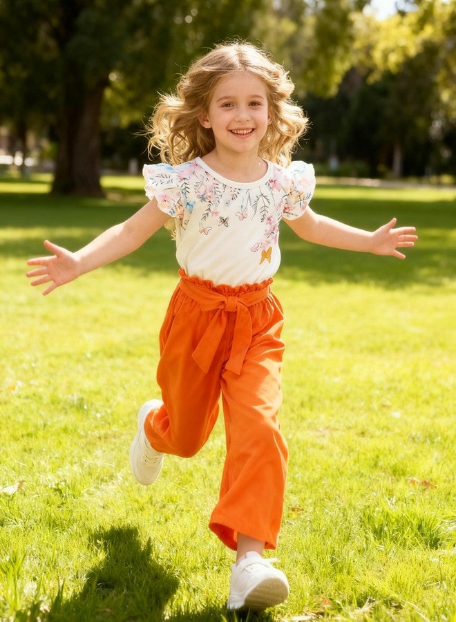 FJLSJSW Toddler Kid Girl Clothes Casual Ruffle Sleeve Floral Printed Top Solid Pants with Belt Outfit Set Orange(5-6T) - Image 2