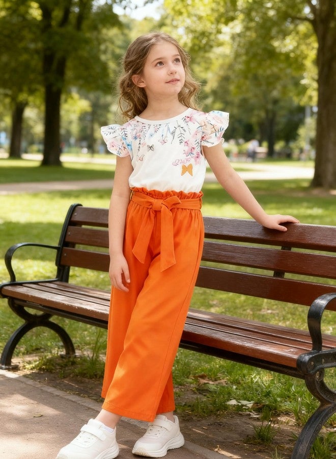 FJLSJSW Toddler Kid Girl Clothes Casual Ruffle Sleeve Floral Printed Top Solid Pants with Belt Outfit Set Orange(5-6T) - Image 3
