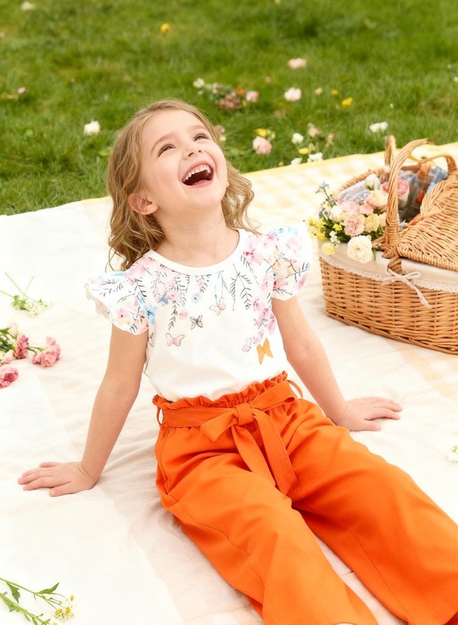 FJLSJSW Toddler Kid Girl Clothes Casual Ruffle Sleeve Floral Printed Top Solid Pants with Belt Outfit Set Orange(5-6T) - Image 5