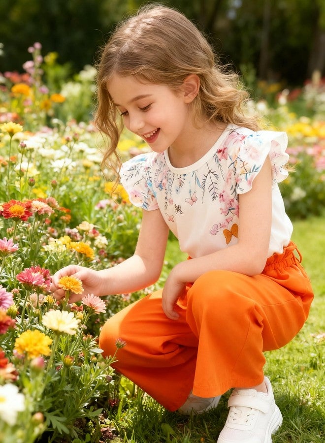 FJLSJSW Toddler Kid Girl Clothes Casual Ruffle Sleeve Floral Printed Top Solid Pants with Belt Outfit Set Orange(5-6T) - Image 4