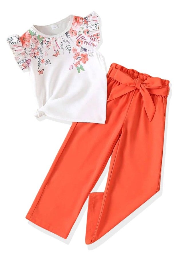 FJLSJSW Toddler Kid Girl Clothes Casual Ruffle Sleeve Floral Printed Top Solid Pants with Belt Outfit Set Orange(5-6T) - Image 1