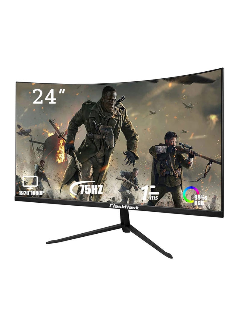 FlashHawk - 24 inch IPS Curved Screen Monitor with Full HD (1920x1080) Display,75Hz Refresh Rate ,HDMI Ports for Home Office Gaming Black - Image 1