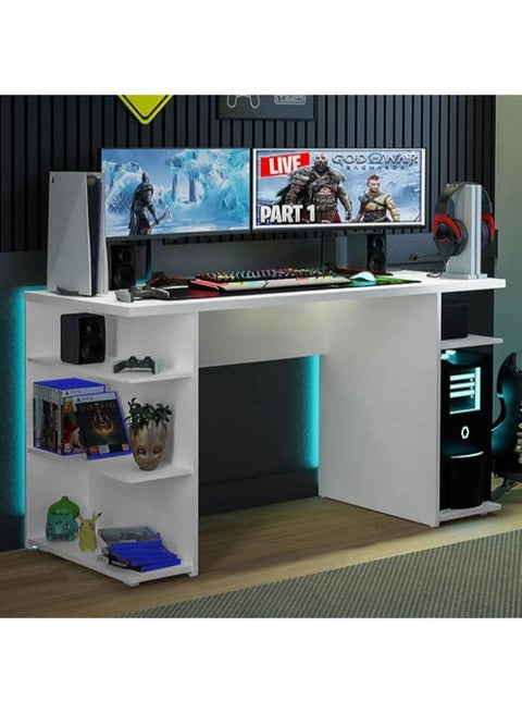 مكتب كمبيوتر للألعاب مزود بخمسة أرفف، وإدارة للكابلات، وحامل شاشة كبير - أبيض، أبعاده 60 سم عمقًا × 136 سم عرضًا × 75 سم ارتفاعًا