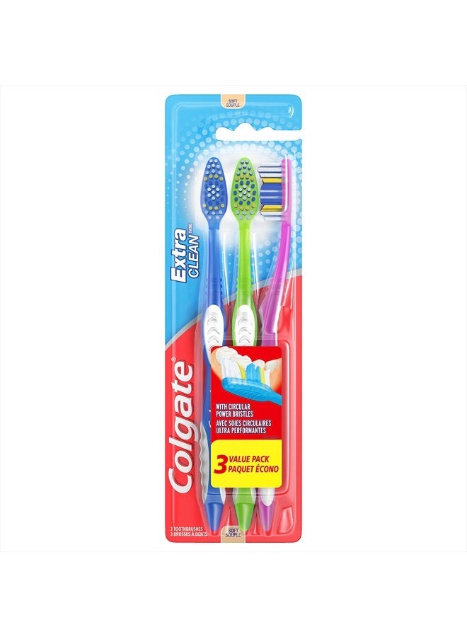 Colgate Extra Clean Toothbrush, Soft Toothbrush for Adults, 3 Count (Pack of 1)