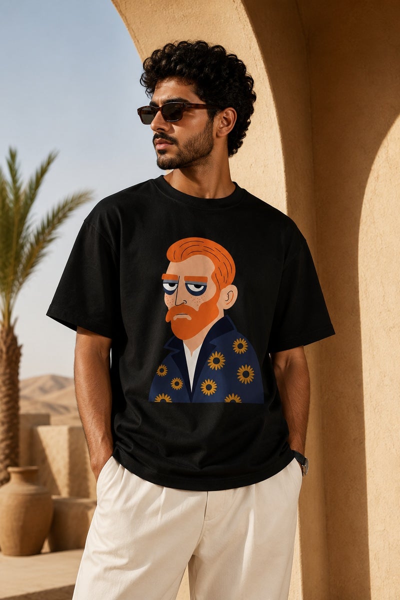 Men's Black Oversized Vincent Van Gogh Graphic T-Shirt Casual Short Sleeve Streetwear Tee - Image 5