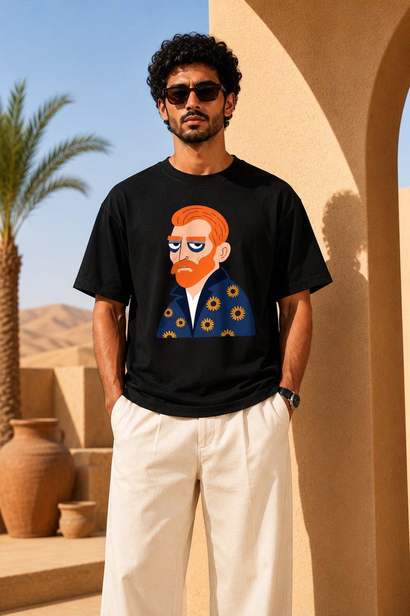 Men's Black Oversized Vincent Van Gogh Graphic T-Shirt Casual Short Sleeve Streetwear Tee - Image 2