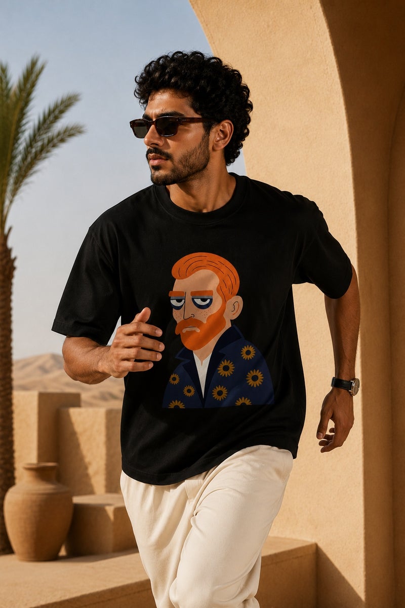 Men's Black Oversized Vincent Van Gogh Graphic T-Shirt Casual Short Sleeve Streetwear Tee - Image 3