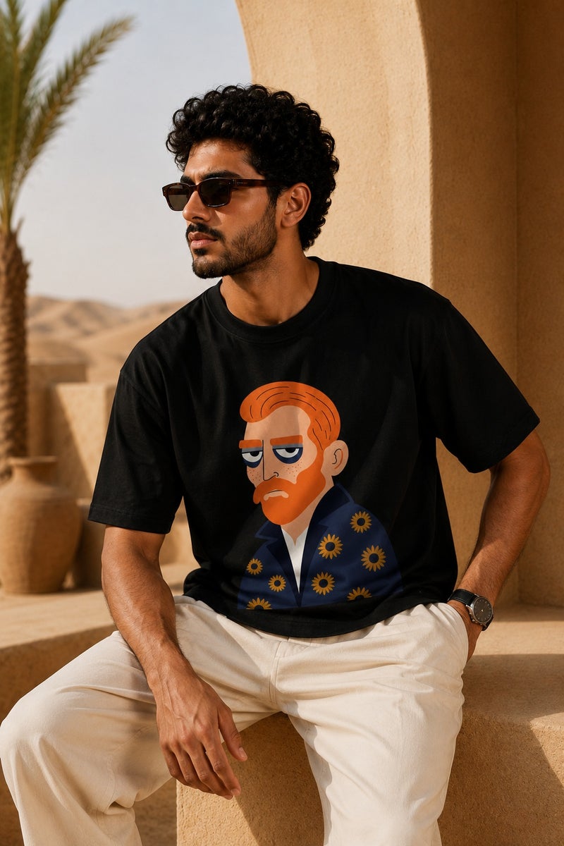 Men's Black Oversized Vincent Van Gogh Graphic T-Shirt Casual Short Sleeve Streetwear Tee - Image 4