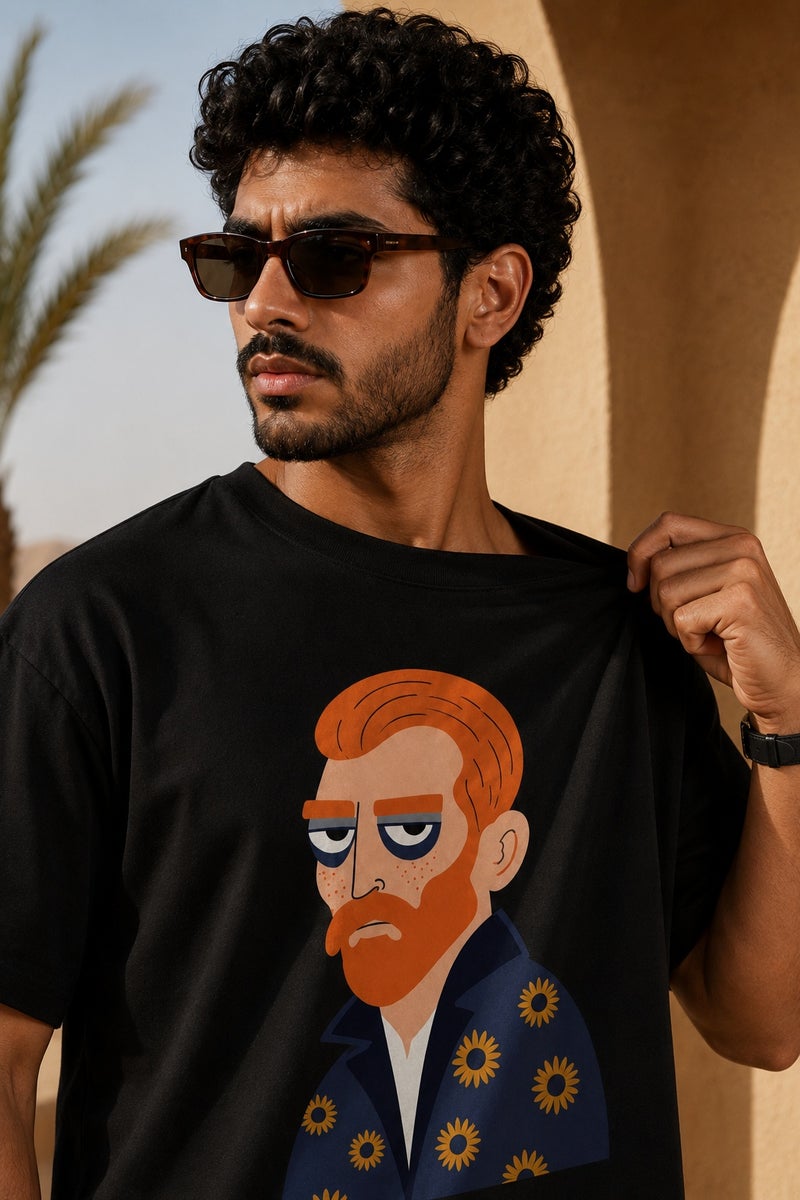 Men's Black Oversized Vincent Van Gogh Graphic T-Shirt Casual Short Sleeve Streetwear Tee - Image 1