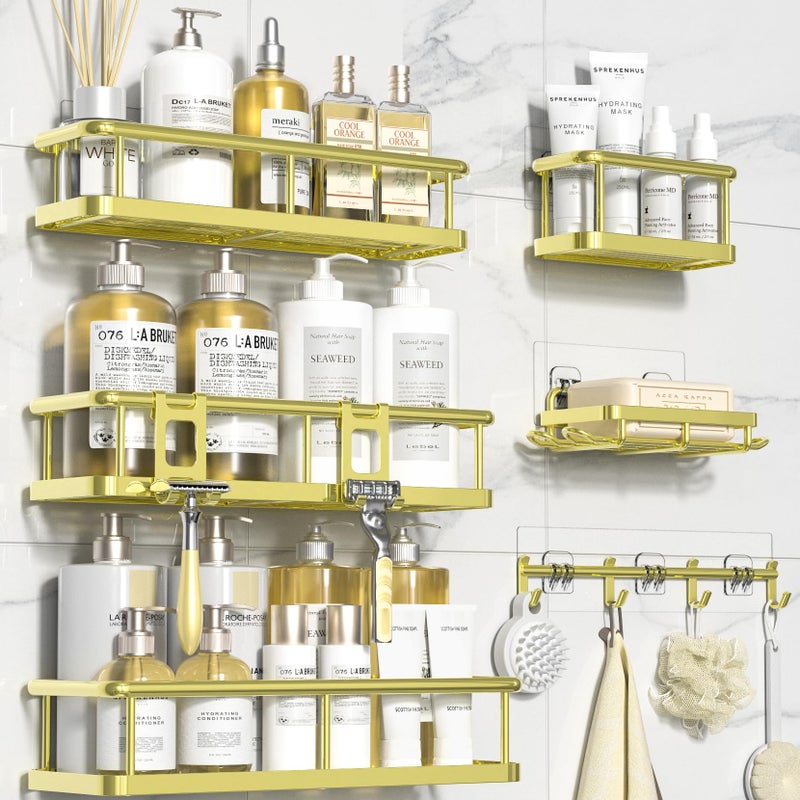 YASONIC Shower Caddy 6 Pack Large Capacity Bath Organizer with Soap Holder and 12 Hooks Rustproof Shower Shelves for Inside Shower No DrillingSleek Bathroom Organizers and Storage Gold - Image 2