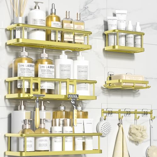 YASONIC Shower Caddy 6 Pack Large Capacity Bath Organizer with Soap Holder and 12 Hooks Rustproof Shower Shelves for Inside Shower No DrillingSleek Bathroom Organizers and Storage Gold - Image 1