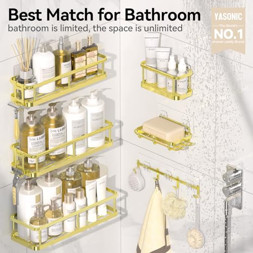 YASONIC Shower Caddy 6 Pack Large Capacity Bath Organizer with Soap Holder and 12 Hooks Rustproof Shower Shelves for Inside Shower No DrillingSleek Bathroom Organizers and Storage Gold - Image 3