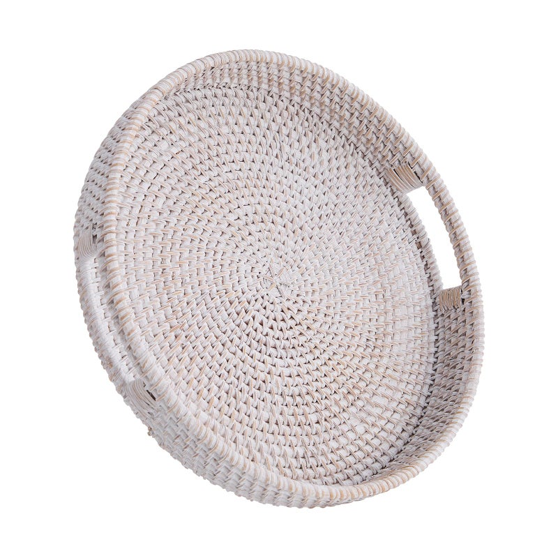 Kmelep Round Rattan Serving Tray,Hand-Woven Tray with Handles, Ottoman Decorative Coffee Table Tray,Wicker Storage Basket for Tea,Fruit,Bread (Whitewash, 13.5") - Image 1