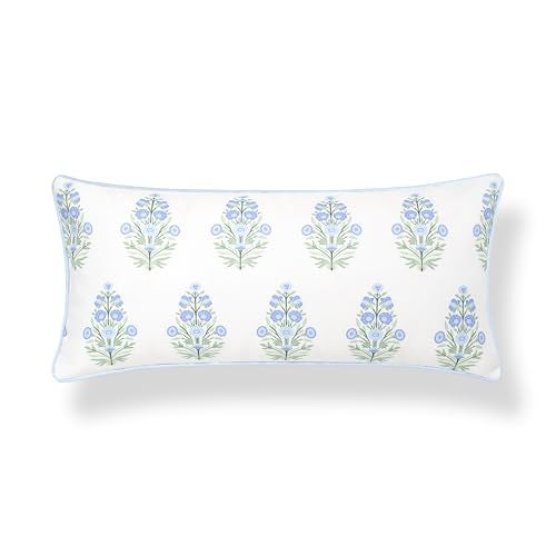 Hofdeco Premium Coastal Grandmillennial Patio Indoor Outdoor Lumbar Pillow Cover Only 12x26 Water Repellent for Backyard Couch Poolside Baby Blue Print Flower - Image 1